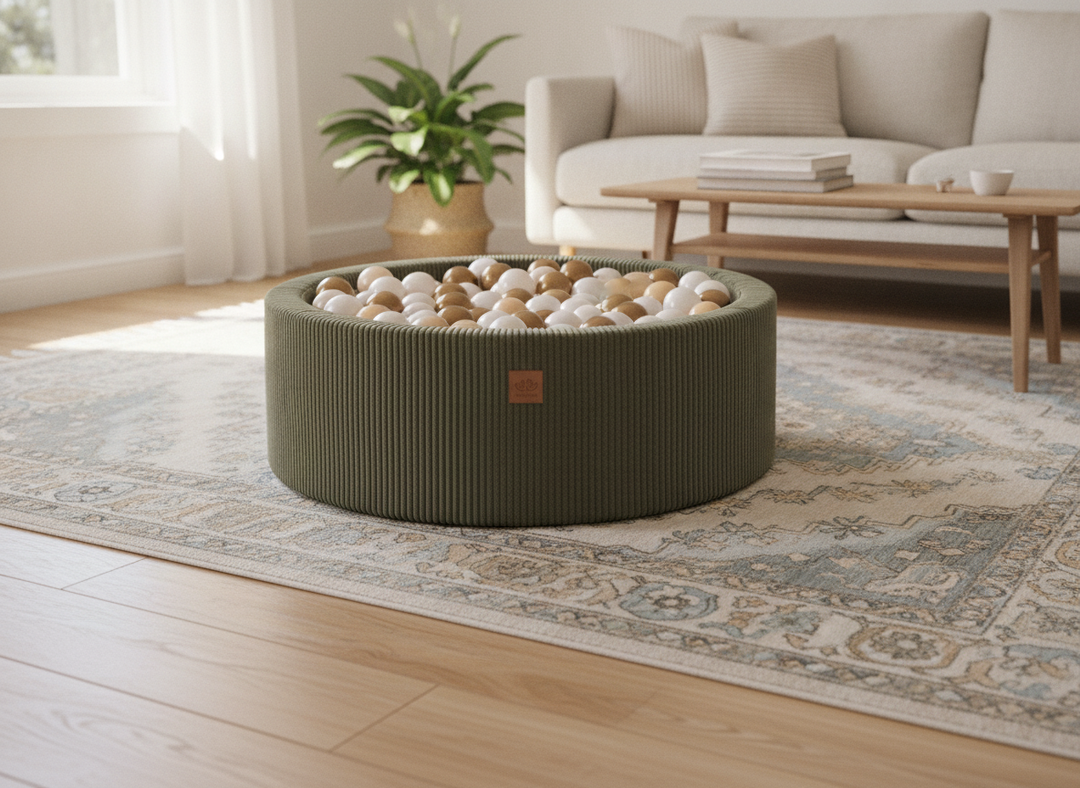 MeowBaby Khaki Aesthetic Round Ball Pit on a rug in a bright family living room