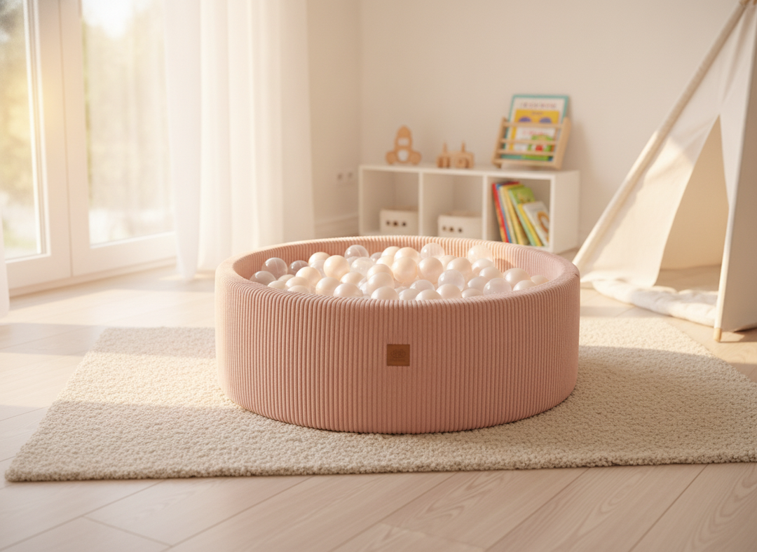 MeowBaby Pink Aesthetic Round Ball Pit on a rug in a bright, sunlit playroom