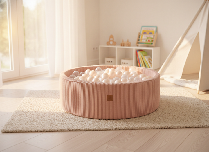MeowBaby Pink Aesthetic Round Ball Pit on a rug in a bright, sunlit playroom