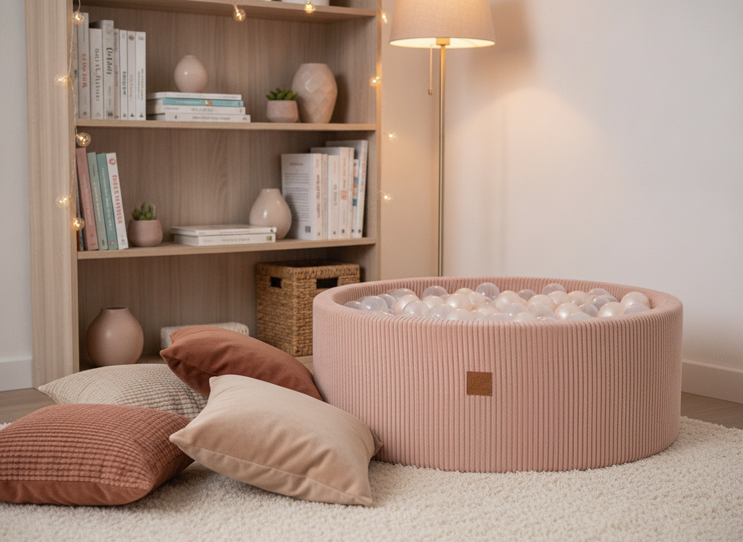 MeowBaby Pink Aesthetic Round Ball Pit in a cosy reading nook beside floor cushions
