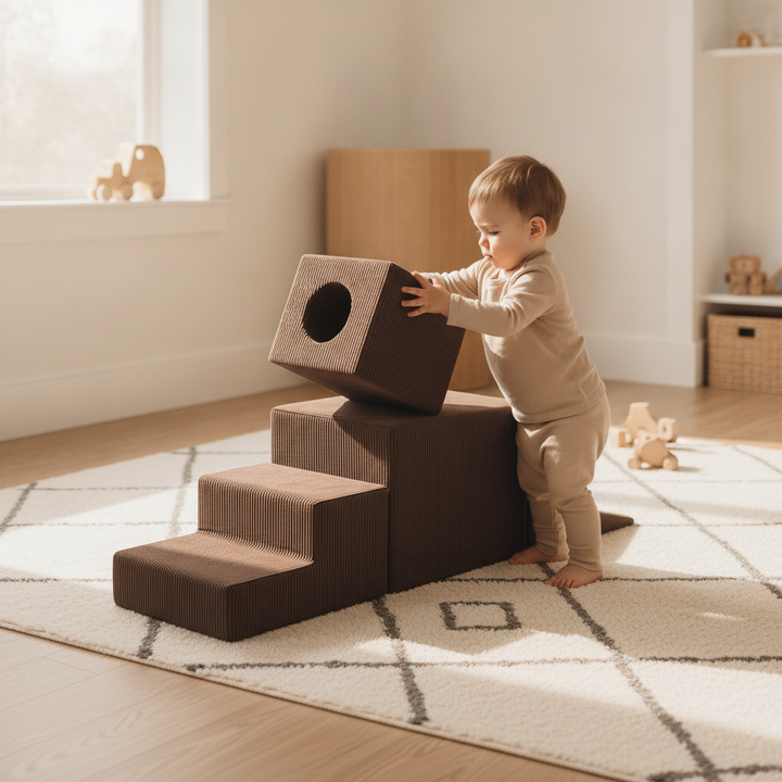 Toddler building a tower with all 5 pieces of the MeowBaby Aesthetic Shape Set 5-Element range
