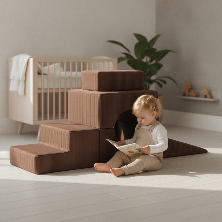 Child reading inside a den made from the MeowBaby Aesthetic Shape Set 5-Element pieces