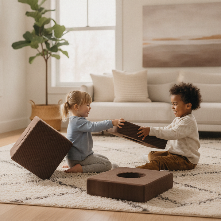 Two children playing together with the MeowBaby Aesthetic Shape Set 5-Element pieces