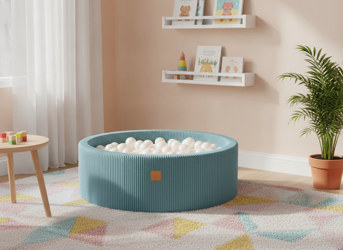 MeowBaby Turquoise Aesthetic Round Ball Pit in a bright, colourful nursery corner