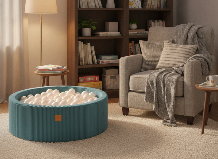 MeowBaby Turquoise Aesthetic Round Ball Pit beside a bookshelf in a cosy family reading nook