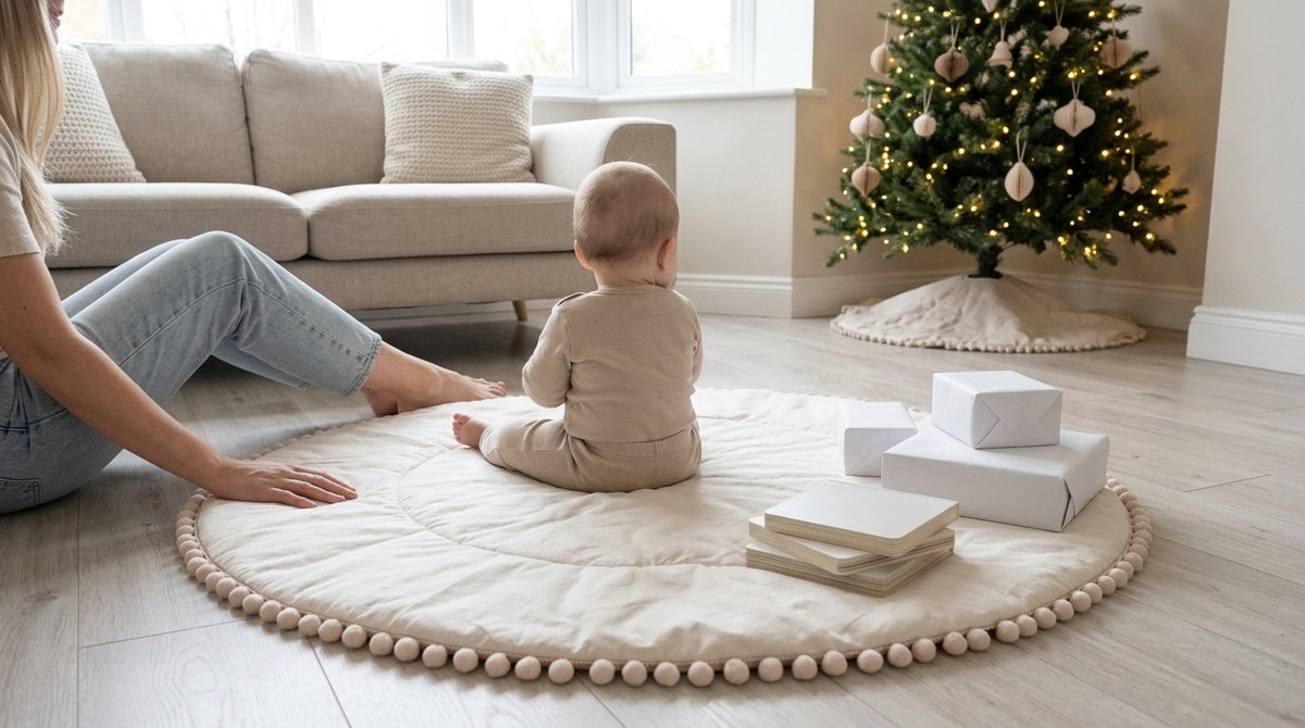 Ecru cotton playmat with a pompom border in a living room decorated for Christmas
