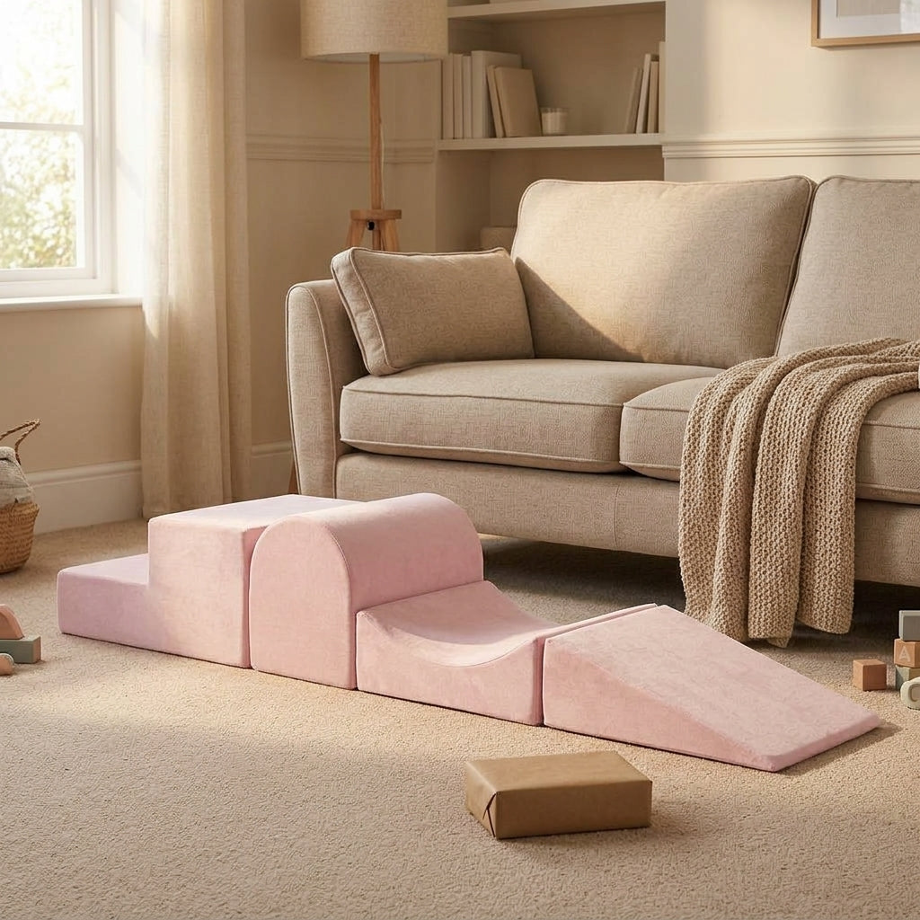 Light pink velvet four-piece foam play set arranged as a climbing path in a living room