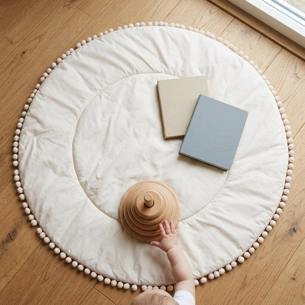Top-down view of an ecru cotton playmat with a pompom border and a few baby toys