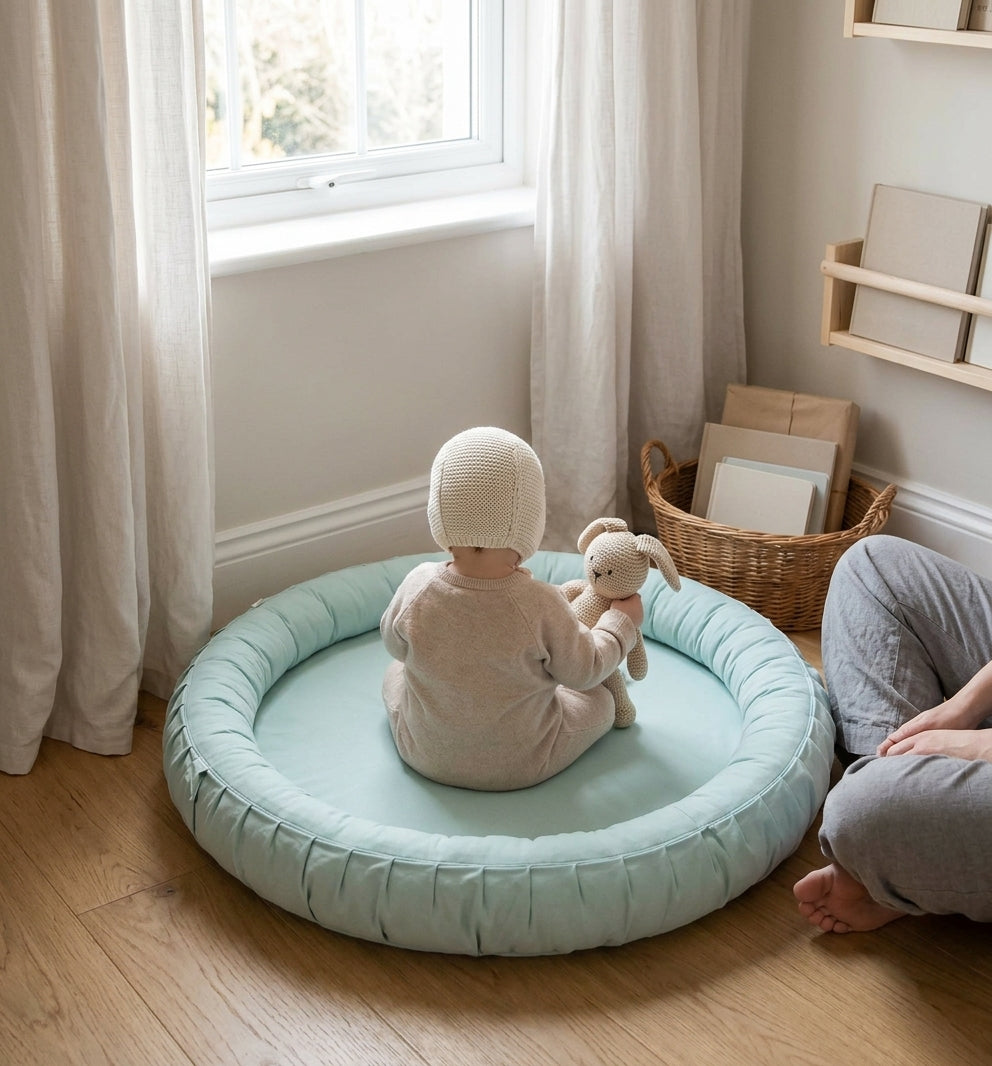 Baby sitting inside a mint padded nest playmat in a nursery