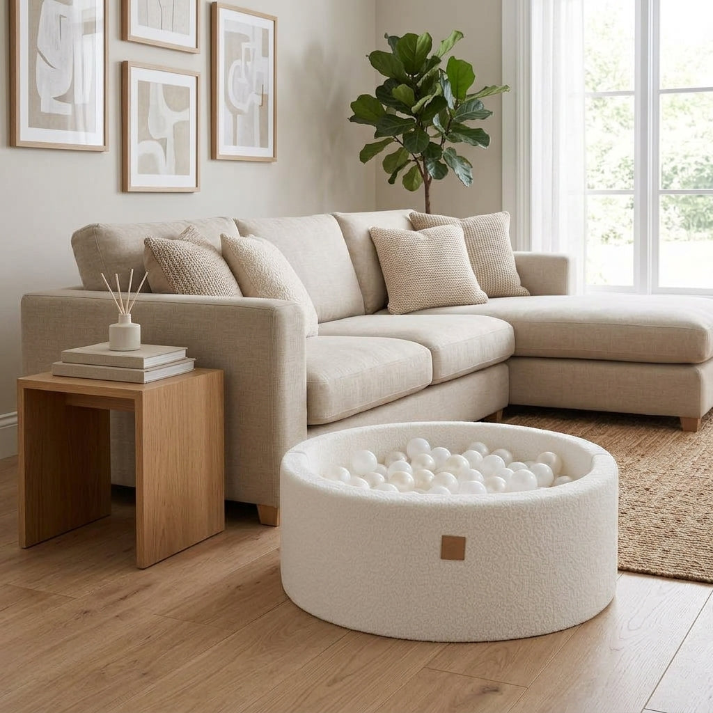 White boucle round ball pit beside a sofa in a modern living room