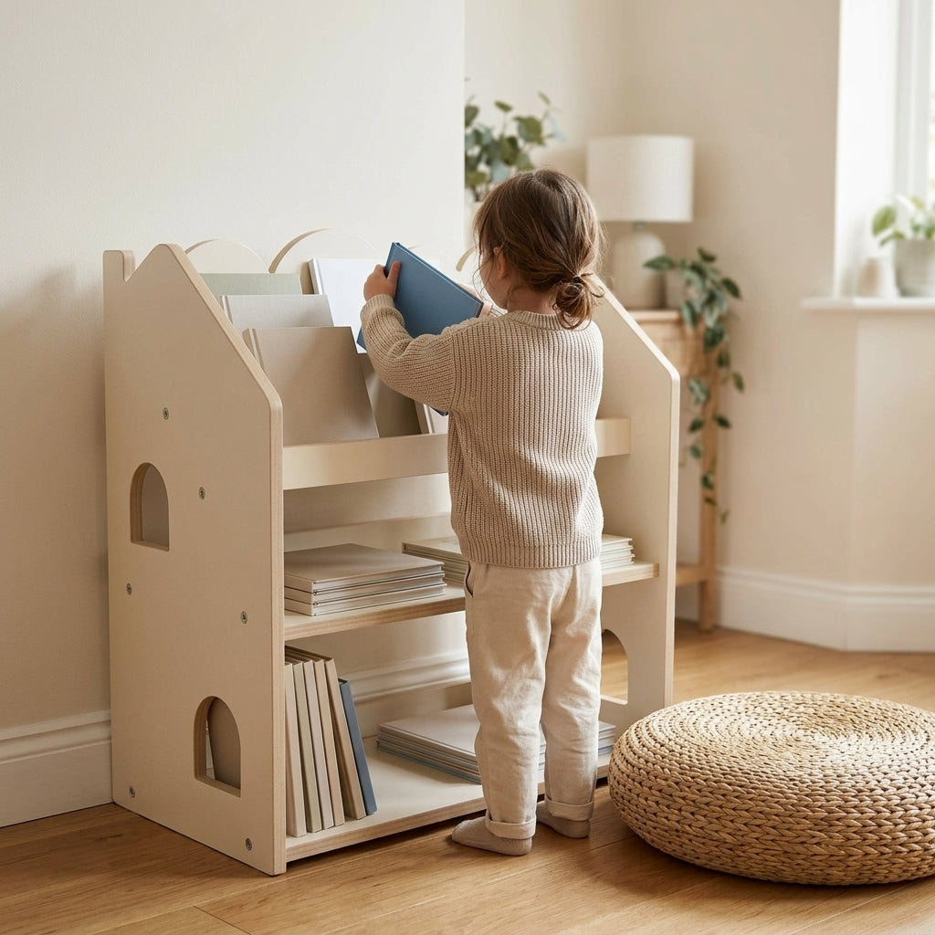 Child choosing a picture book from a low cover-forward kids bookcase
