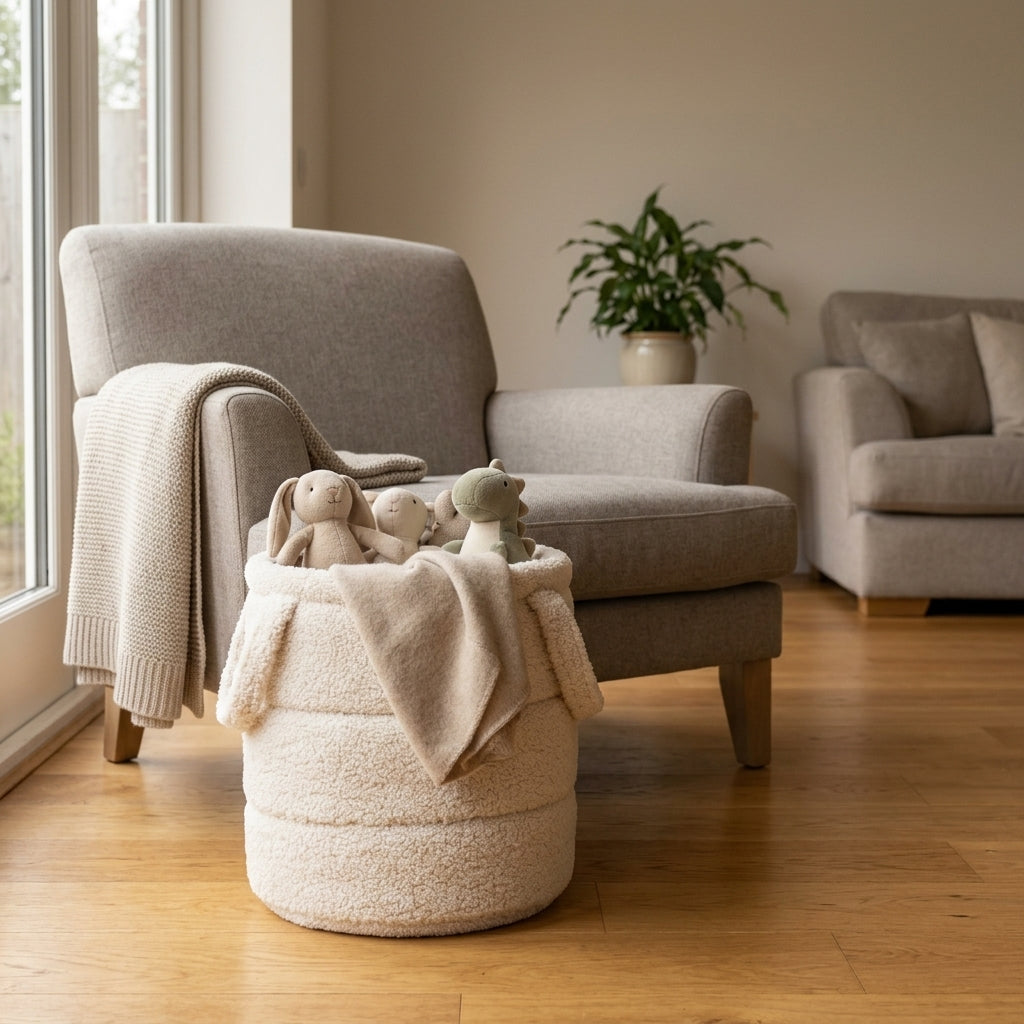 Cream teddy-textured toy storage basket beside an armchair