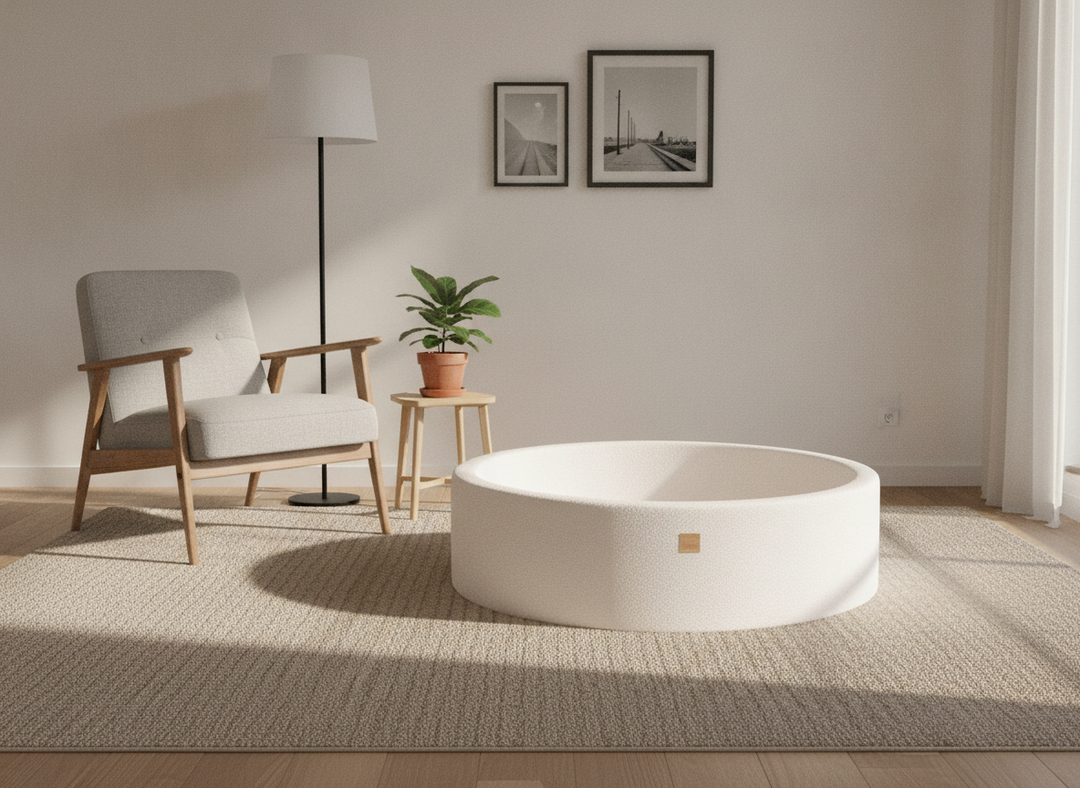 MeowBaby White Boucle Round ball pit 120cm on a rug in a modern Scandi living room