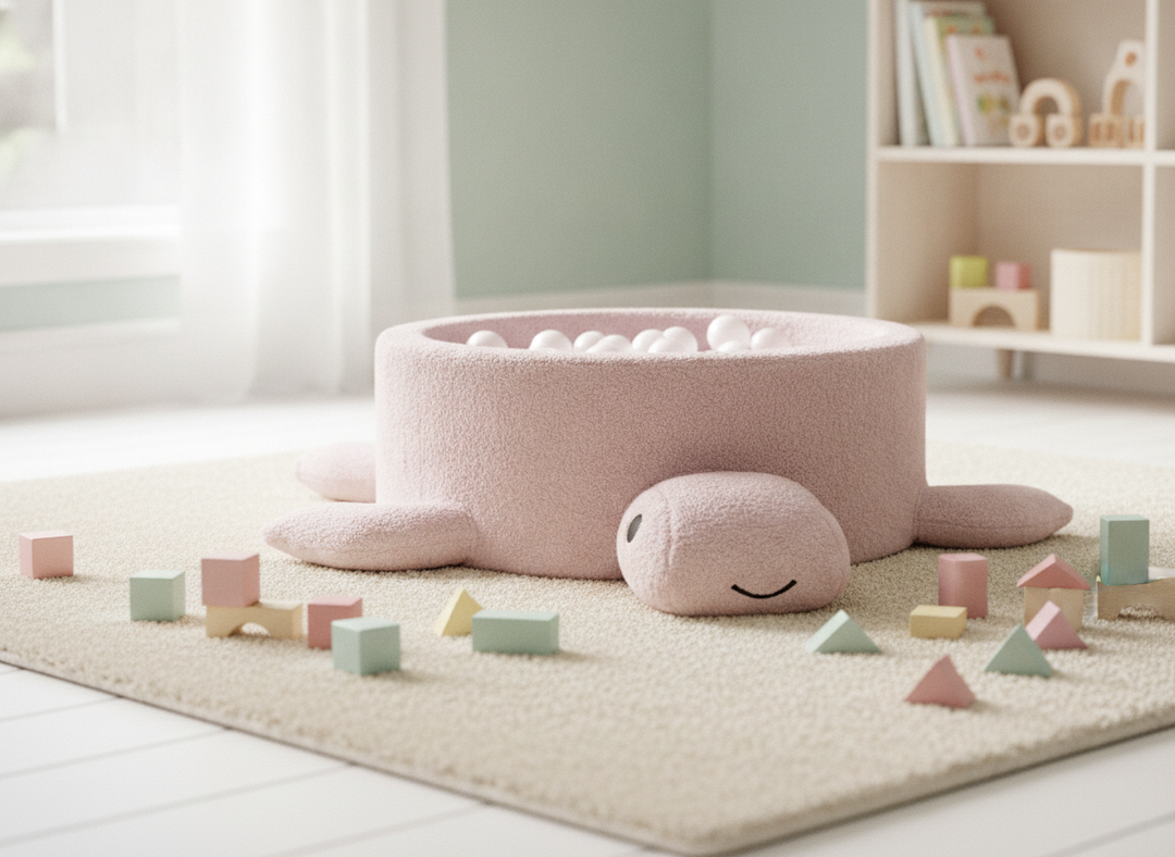 MeowBaby Raspberry Glaze Pink boucle turtle ball pit on a cream rug with pastel building blocks
