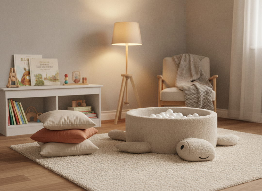 MeowBaby Oat Biscuit Beige boucle turtle ball pit in a cosy family snug beside a bookshelf