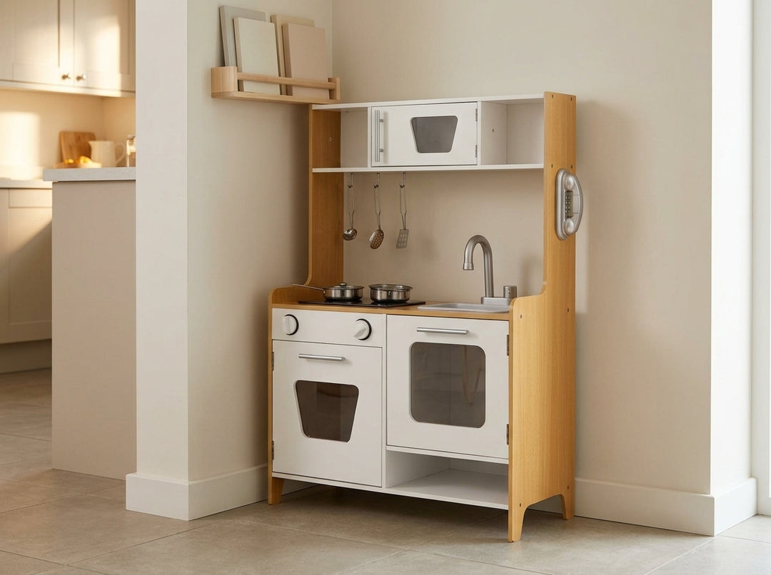 MeowBaby Natural and White Wooden Play Kitchen set up in the corner of a family kitchen