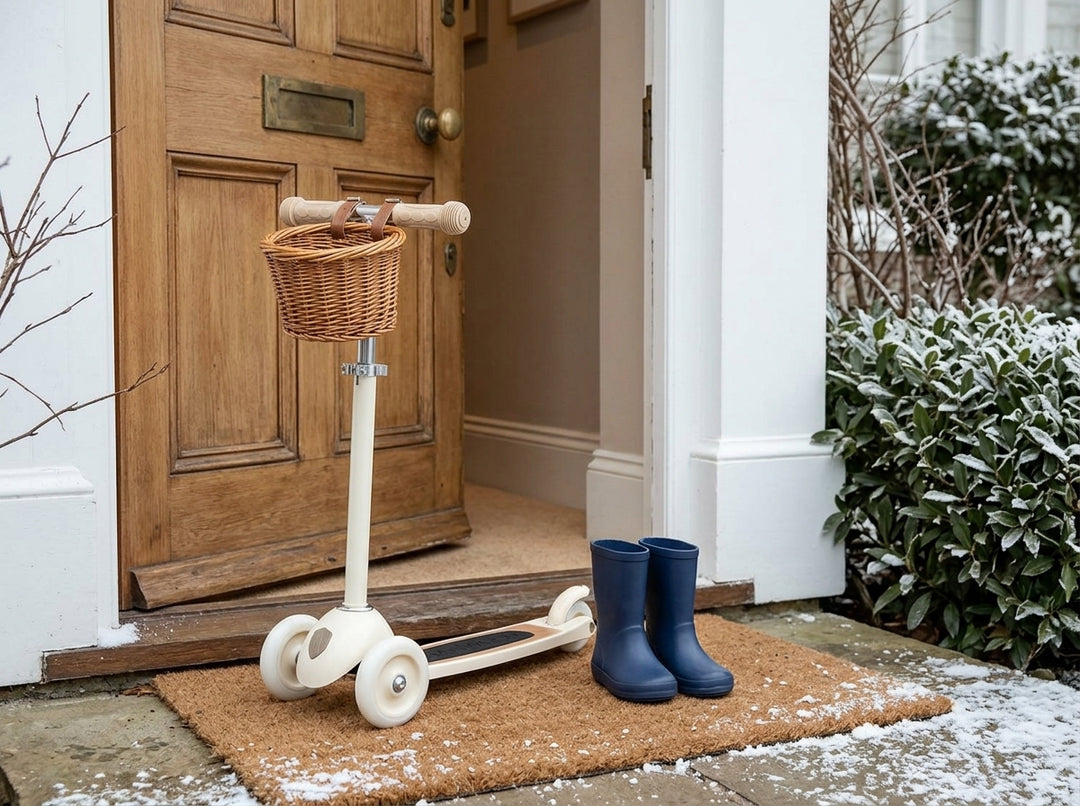 Cream Banwood Vintage 3-Wheel Scooter with wicker basket by a front door beside children's wellies