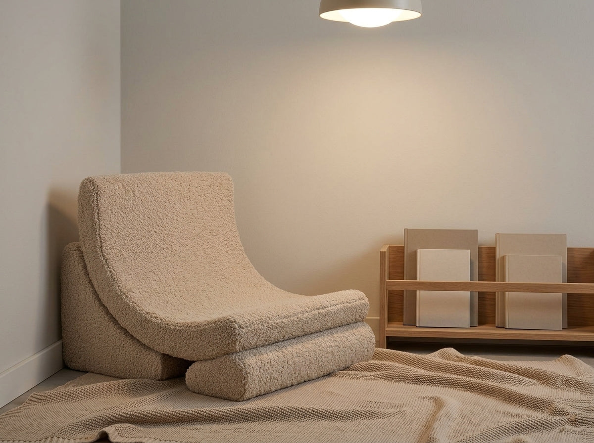 Wigiwama Moon Chair in biscuit teddy fabric in a children's reading corner beside a low bookshelf