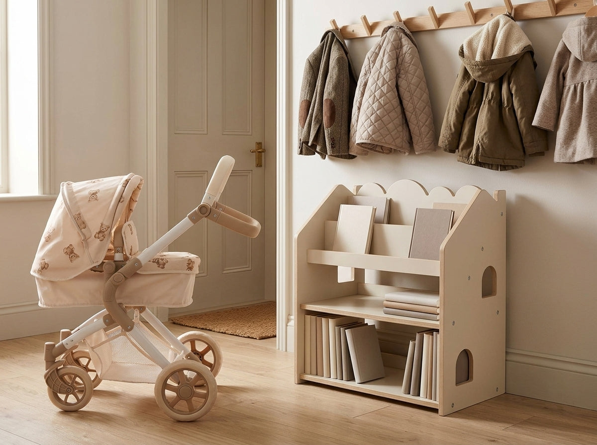 Roma Teddy Single Dolls Pram beside a MeowBaby Montessori Bookcase in a grandparents' hallway