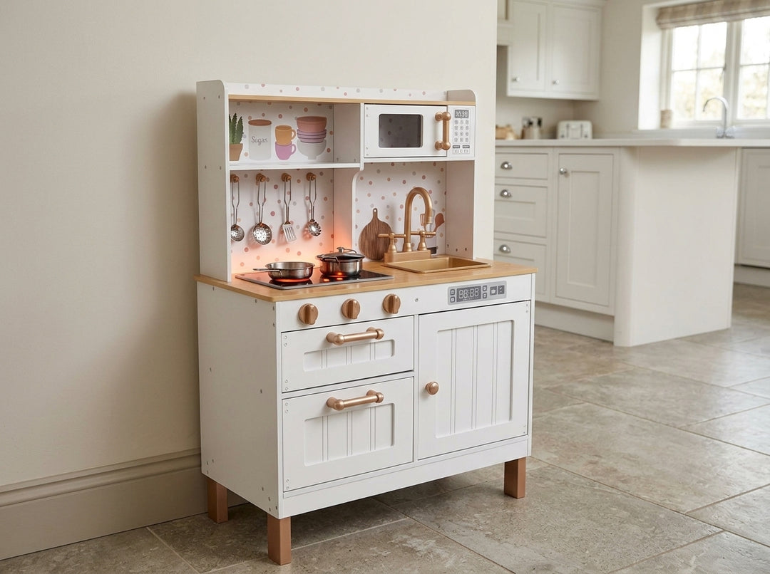 MeowBaby White and Rose Gold Wooden Play Kitchen with its hob lit up in a family kitchen