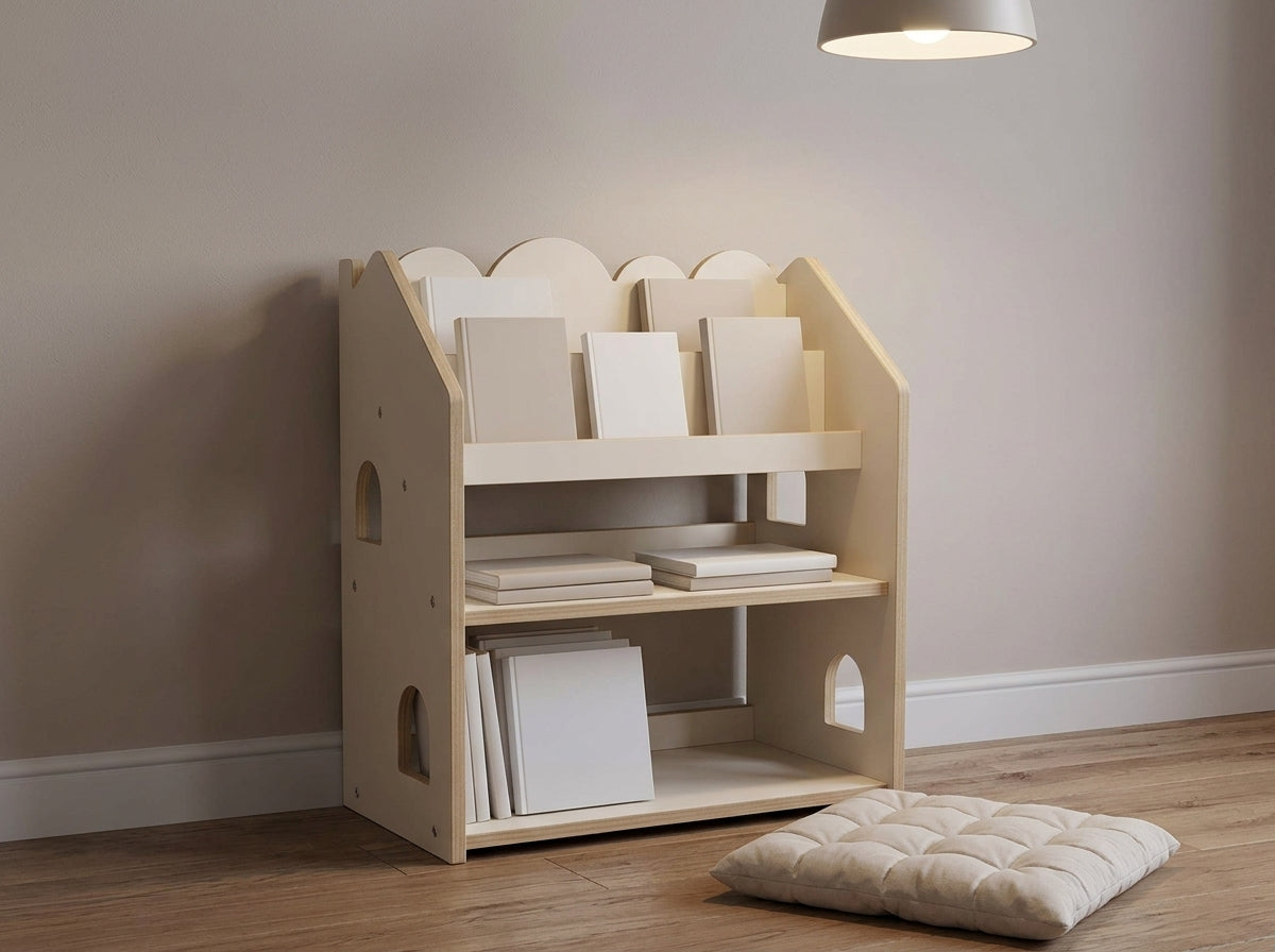 MeowBaby Montessori Bookcase in beige with books cover forward in a child's bedroom