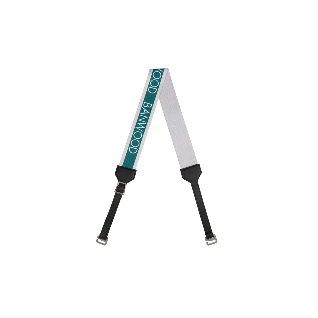 Teal and grey carry strap with black pads displayed flat, Banwood