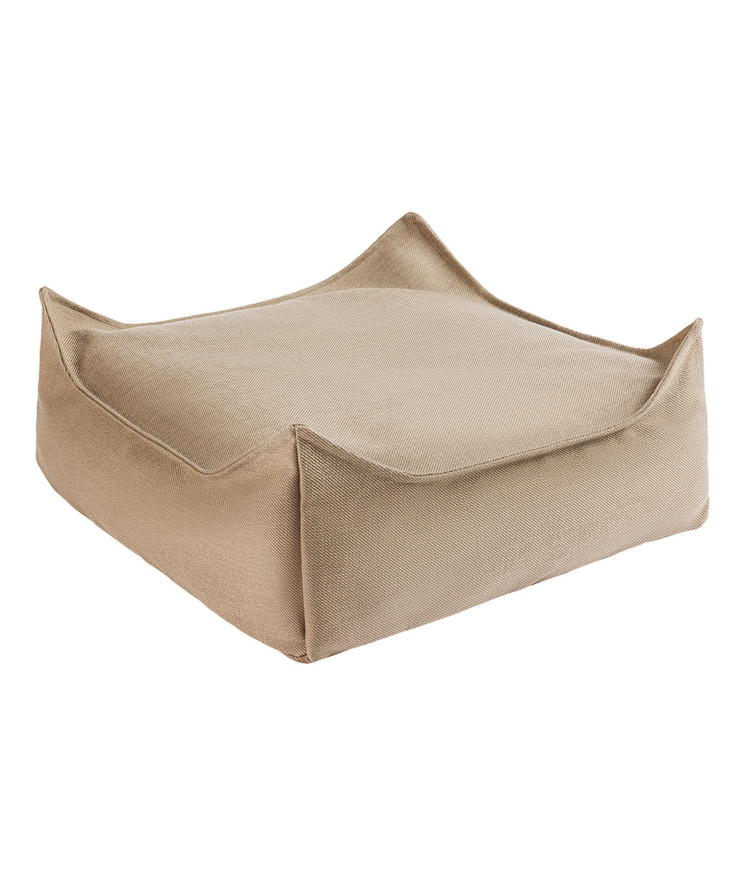 Beige Wigiwama outdoor square ottoman with ribbed fabric texture, three-quarter view