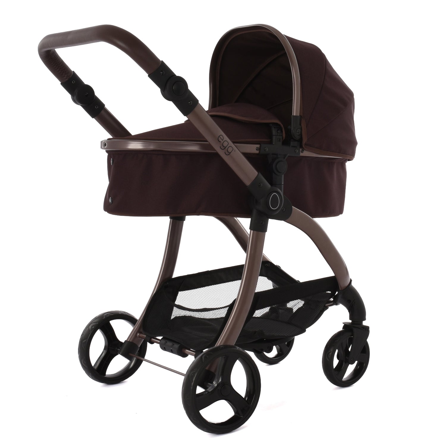 Roma Egg® Dolls Pram in Mulberry, three-quarter front view showing the gloss chassis and cocoa leatherette handlebar