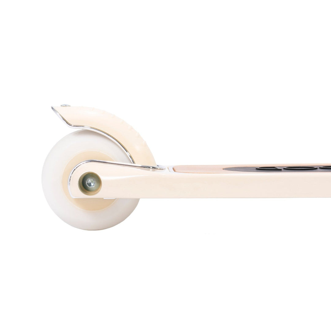 Side profile of rear wheel and back brake detail on cream Banwood scooter