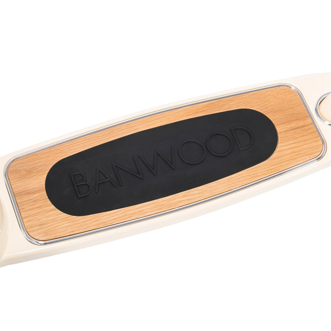Top-down view of wooden T-bar grips on Banwood scooter steering handle