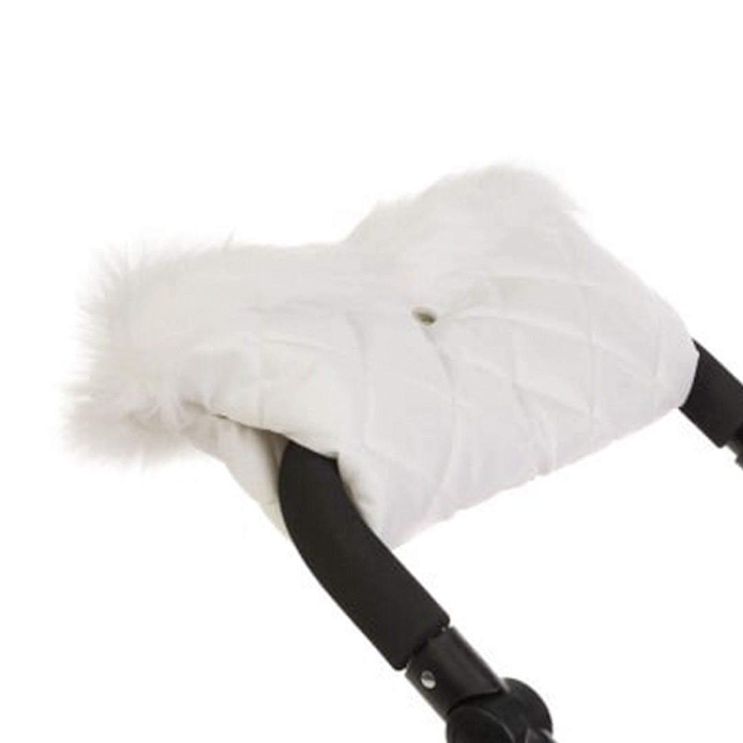 Roma Dolls Pram Fur Handmuff in white, fitted to a dolls pram handle
