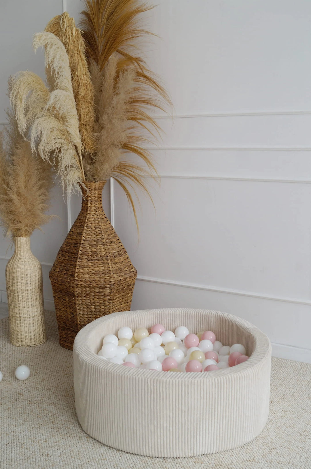Monio for Kids Cream Corduroy Round Ball Pit — lifestyle image in cream nursery setting