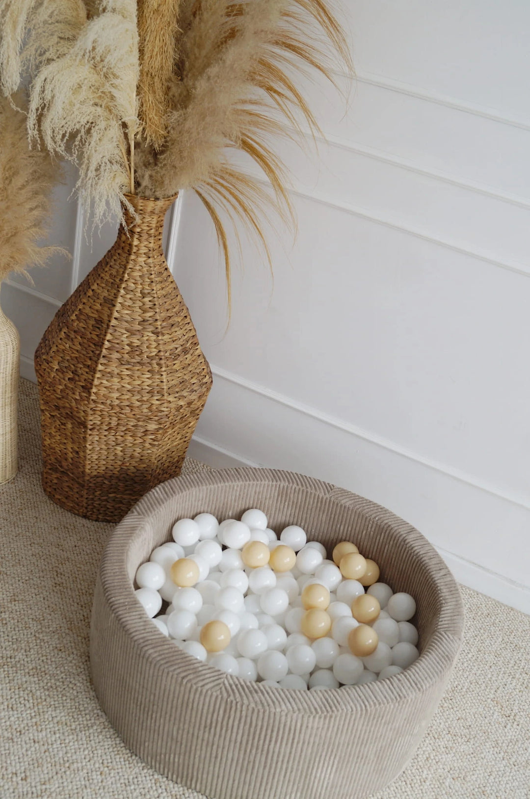 Monio for Kids Beige Corduroy Round Ball Pit — lifestyle image showing ball pit in play setting