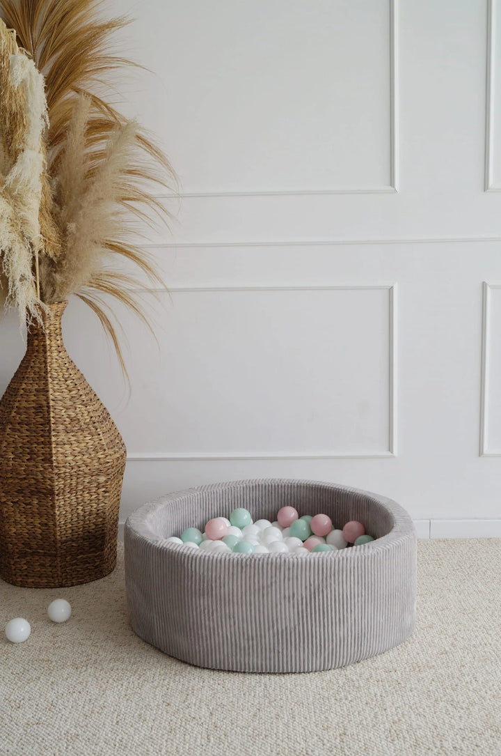 Monio for Kids Grey Corduroy Round Ball Pit — lifestyle image showing play depth