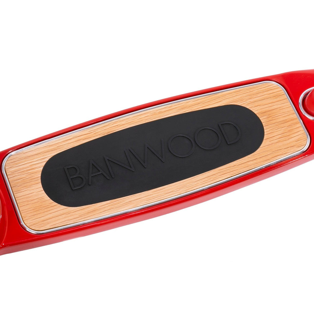 Overhead view of Banwood scooter deck with wooden grip handles visible