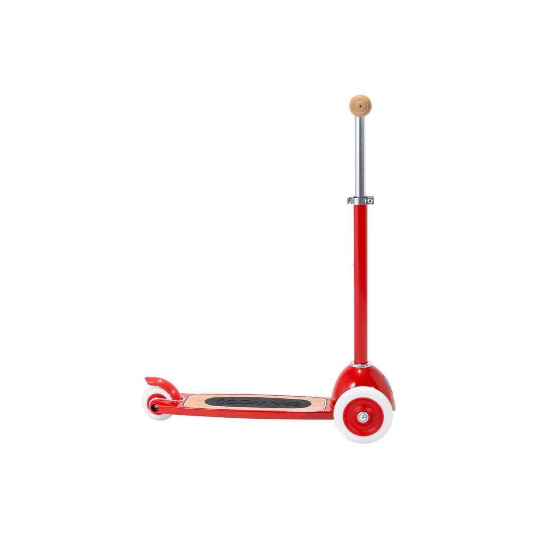 Banwood scooter left profile with wooden handles and black grip tape on deck