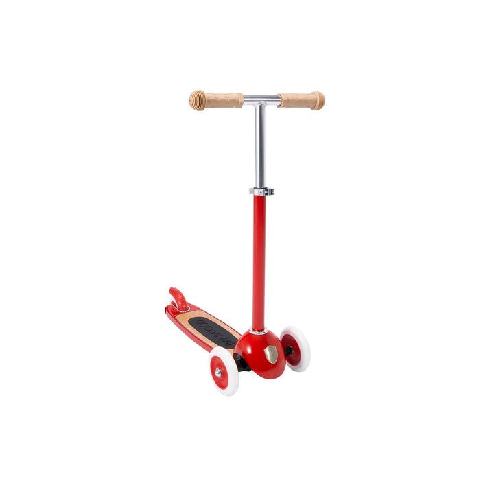 Banwood scooter right profile view with wooden handles and three-wheel base