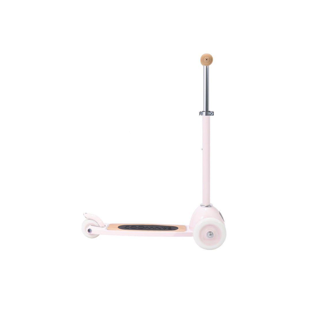 Scooter side profile showing metal stem clamp and three-wheel deck configuration