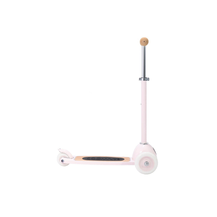 Scooter side profile showing metal stem clamp and three-wheel deck configuration