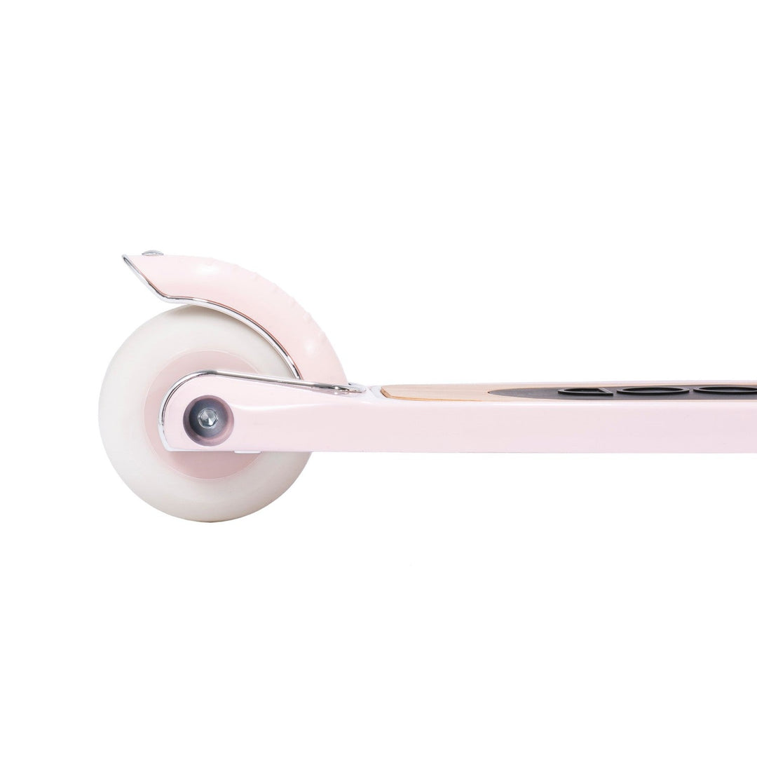 Close-up of scooter front wheel with brake lever and metal stem clamp assembly