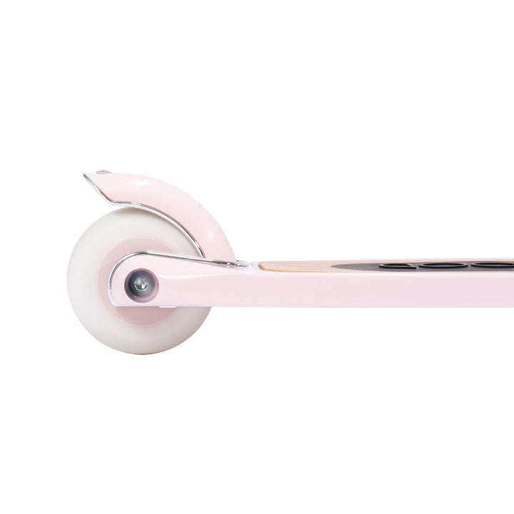 Close-up of scooter front wheel with brake lever and metal stem clamp assembly