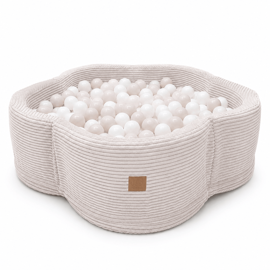 MeowBaby Ecru Aesthetic Flower ball pit, petal-shaped foam ball pit with ribbed corduroy-style cover and matching lid cushion