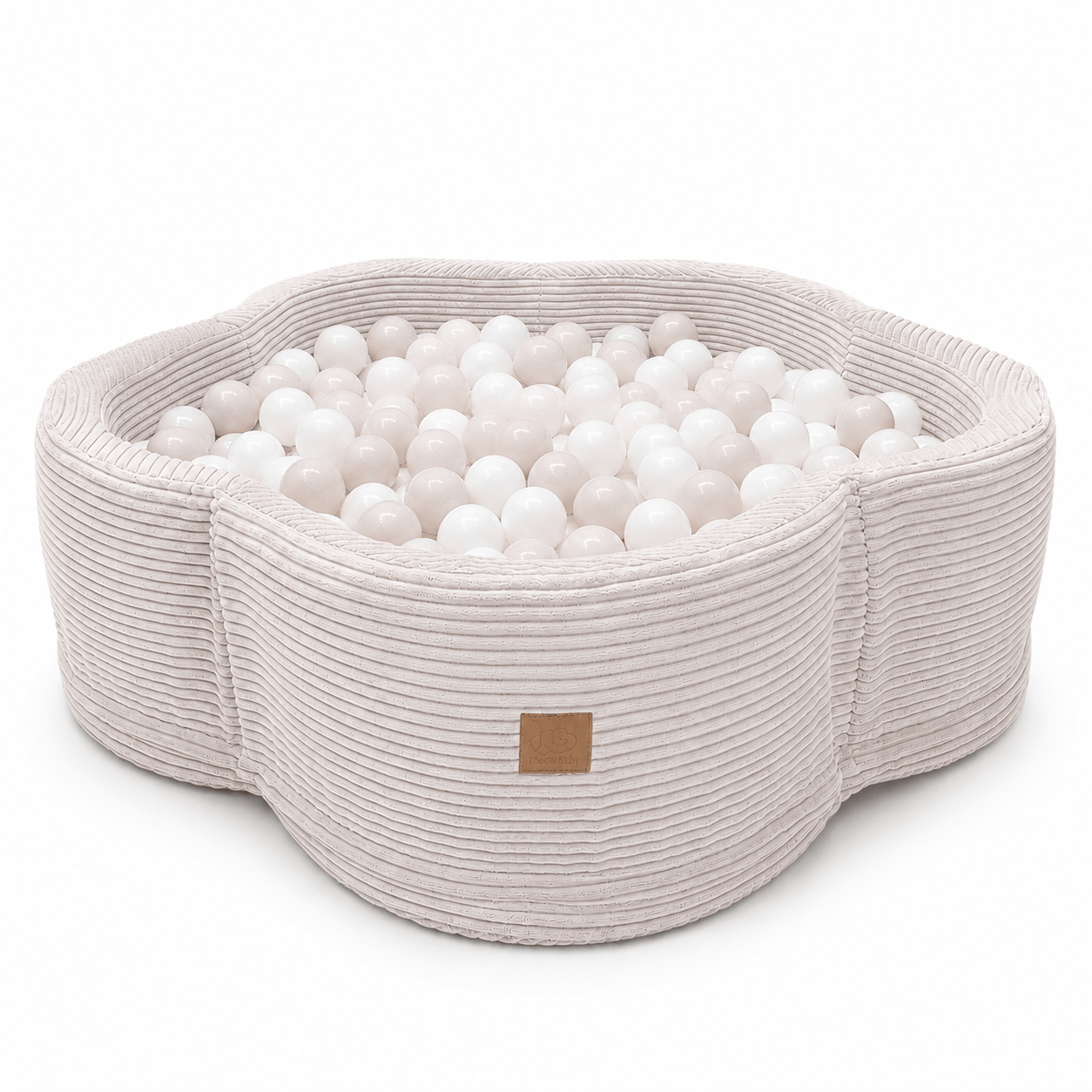 MeowBaby Ecru Aesthetic Flower ball pit, petal-shaped foam ball pit with ribbed corduroy-style cover and matching lid cushion