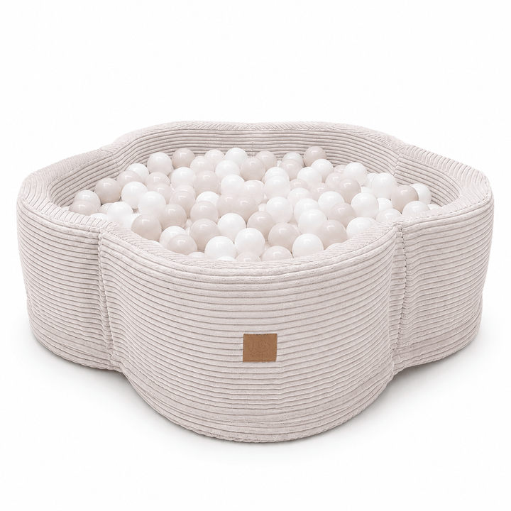 MeowBaby Ecru Aesthetic Flower ball pit, petal-shaped foam ball pit with ribbed corduroy-style cover and matching lid cushion