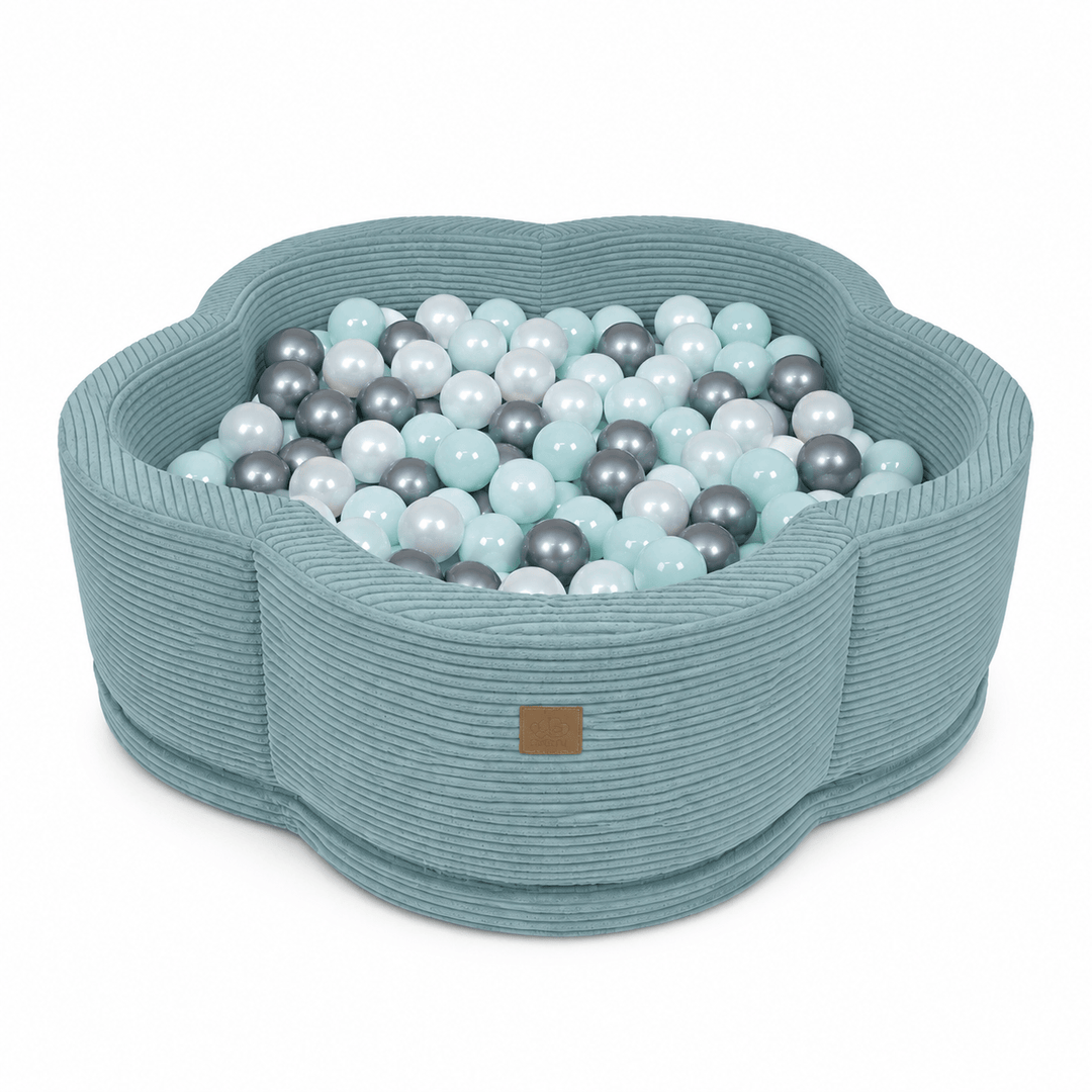 MeowBaby Turquoise Aesthetic Flower ball pit, petal-shaped foam ball pit with dusty teal ribbed corduroy-style cover