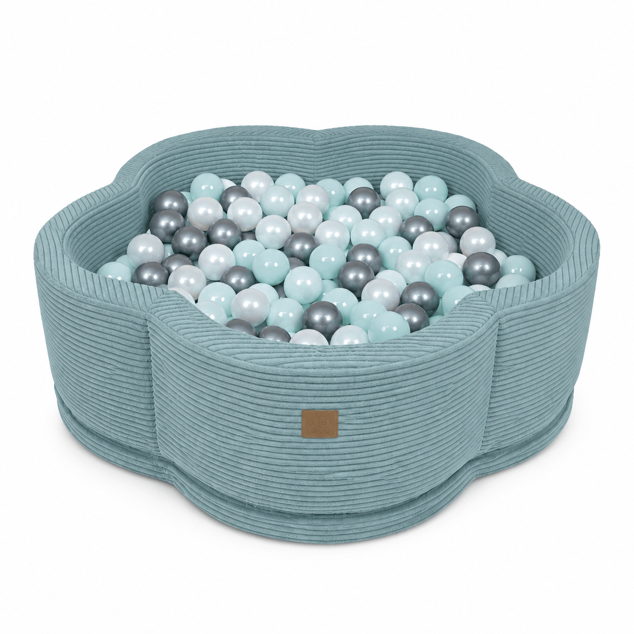 MeowBaby Turquoise Aesthetic Flower ball pit, petal-shaped foam ball pit with dusty teal ribbed corduroy-style cover