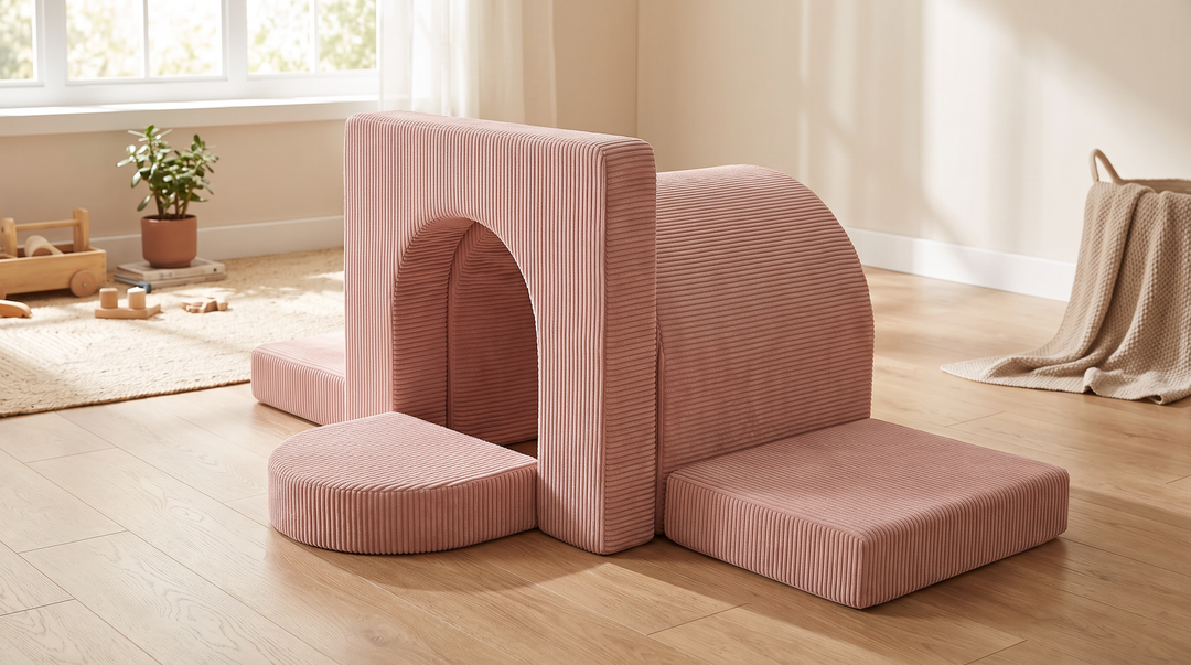 MeowBaby Aesthetic Play Arch in Powder Pink corduroy styled in a bright Scandi-style playroom