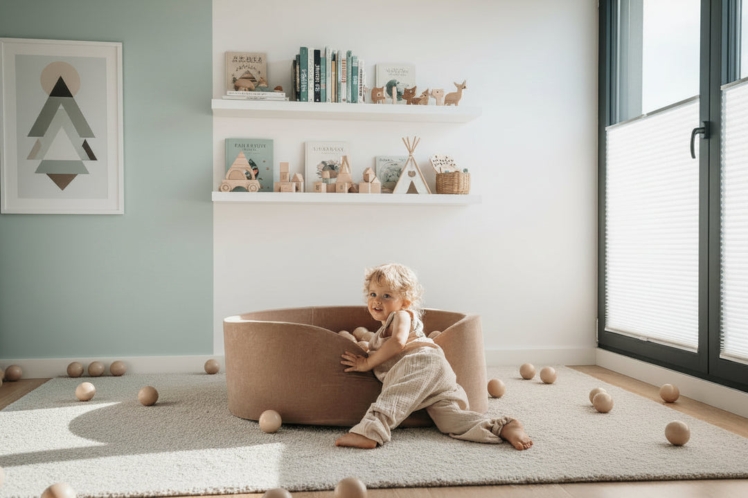 Child sitting in a brown wooden chair in a room with animal-themed wallpaper and toys on the floor.