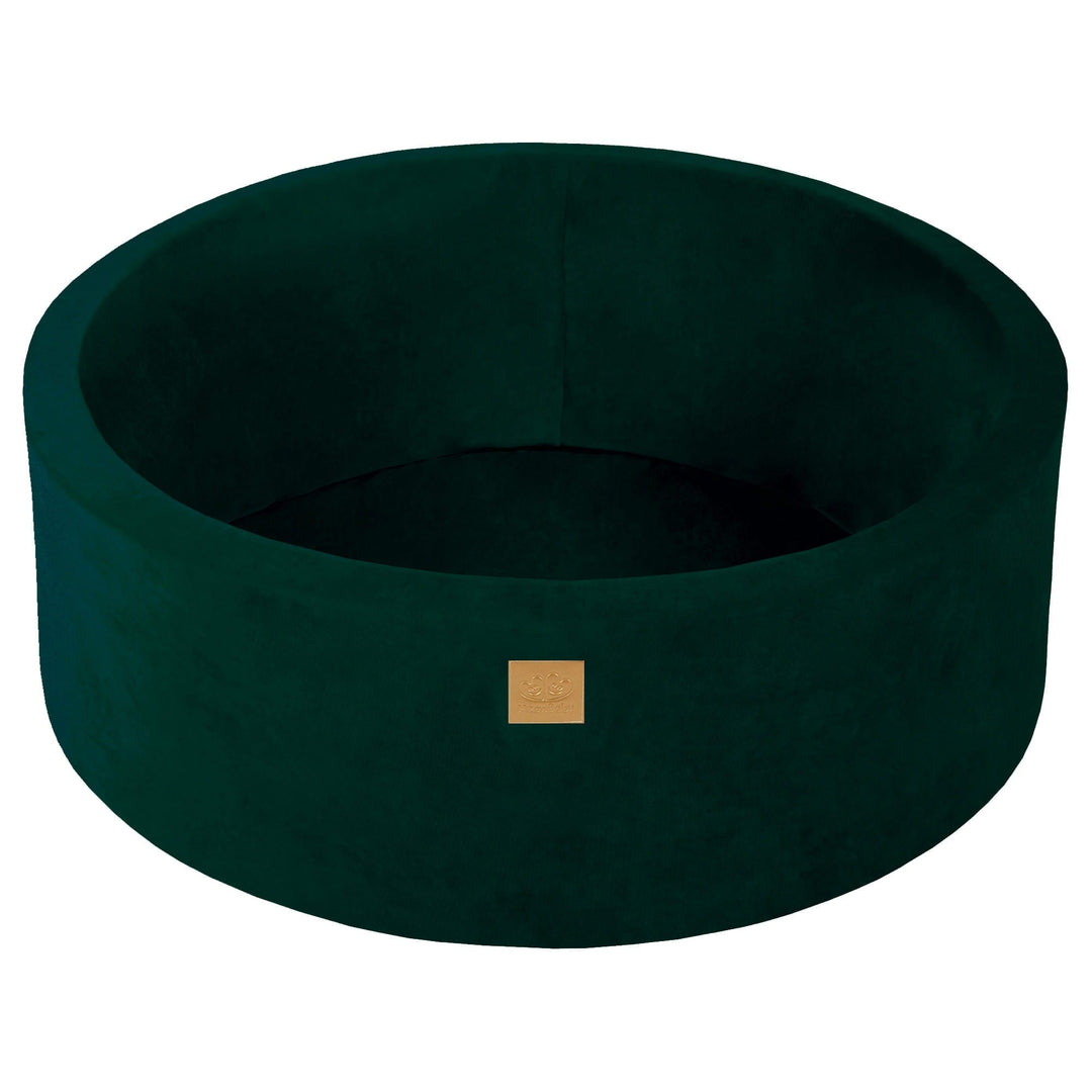 MeowBaby Dark Green Round Velvet Ball Pit, side angle showing velour texture and MeowBaby logo tab