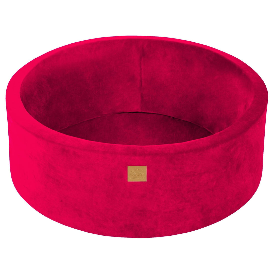 MeowBaby Magenta Round Velvet Ball Pit, side angle showing velour texture and MeowBaby logo tab